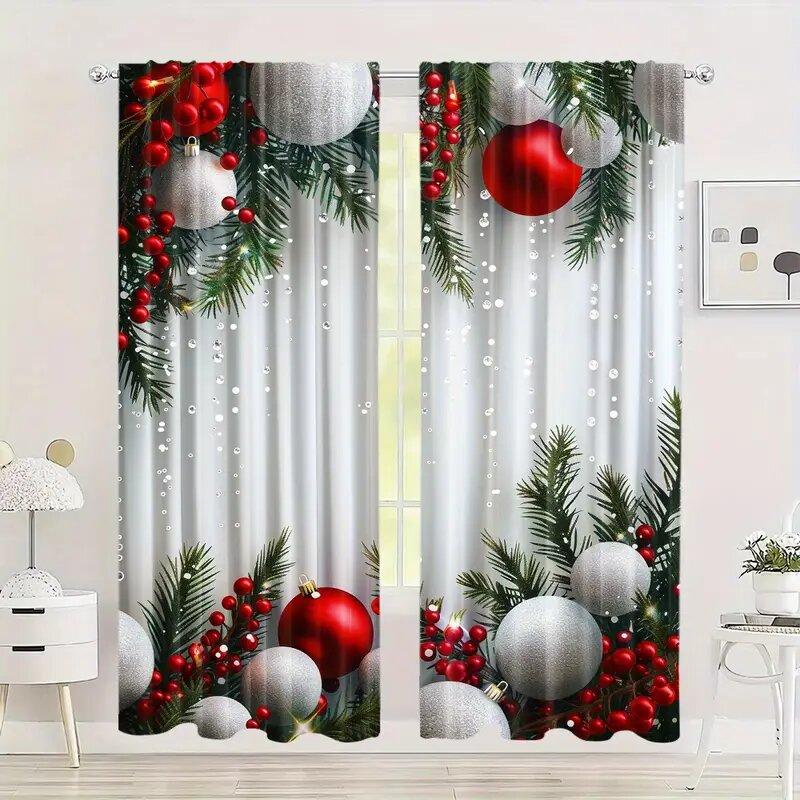 

Elegant Set Of 2 Christmas Curtains Polyester Printed Tree Home Decoration Room Made W100*H70(CM)-Rod Pocket&1PCS