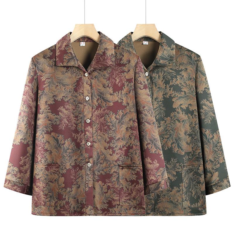 Women's Long-sleeved Square Collar Shirt Elderly Spring and Autumn Clothing Thin Coat