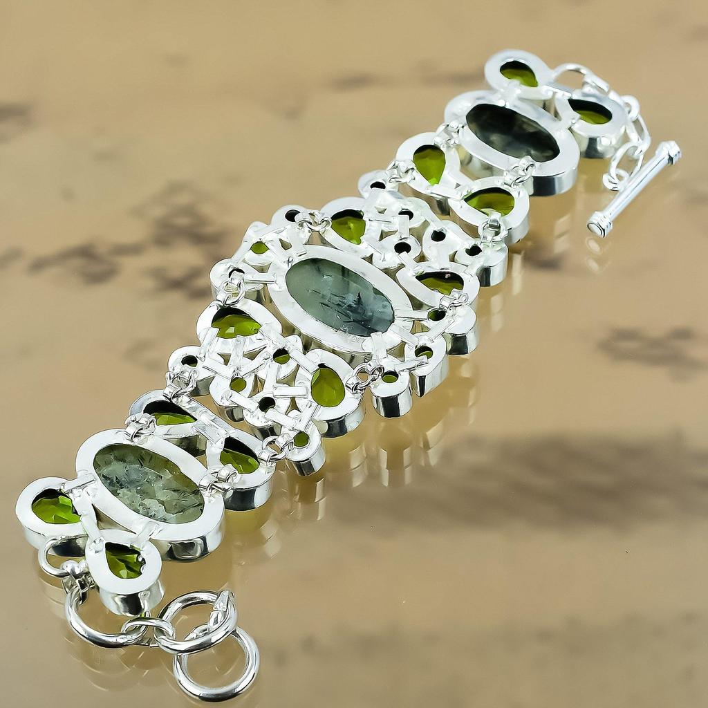 Oval Moss Prehnite Gemstone Peridot Sterling Silver New Chain Bracelet Jewelry