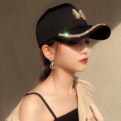 Women Baseball Caps Gold Rhinestones Shining M or D Causal Black White Fashion Cotton Snapback Hat Hiphop Şapka Caps for Girls
