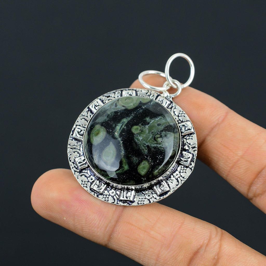 Round Kambaba Jasper Gemstone Wife Bezel Art Deco Pendant 925 Sterling Silver