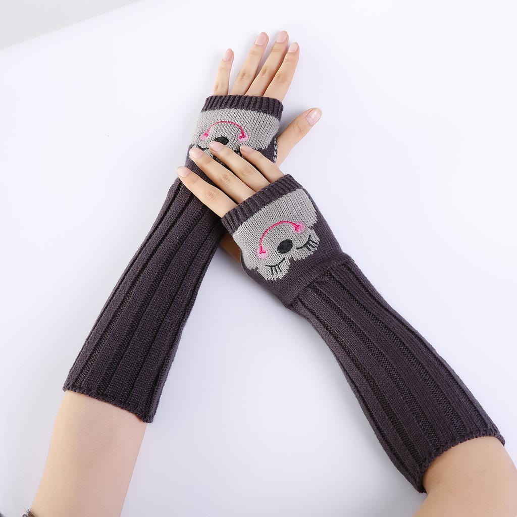 Bestickte Warme Handschuhe mit lächelndem Gesicht für Mädchen im Herbst und Winter Niedliche Gestrickte Halbfinger-Armstulpen Wollen Warme Ärmel mit freien Fingern