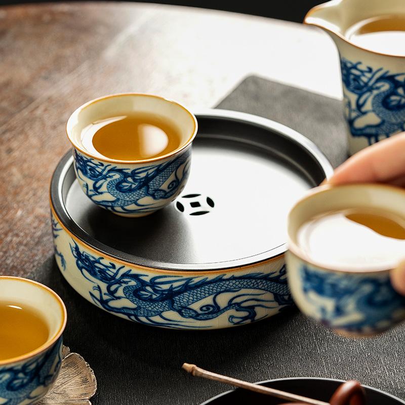 Blue and White Dragon Pattern Ceramic Pot Bearing Water Storage Kettle Mat Tea Mat Sand Teapot Base Tea Table Tray