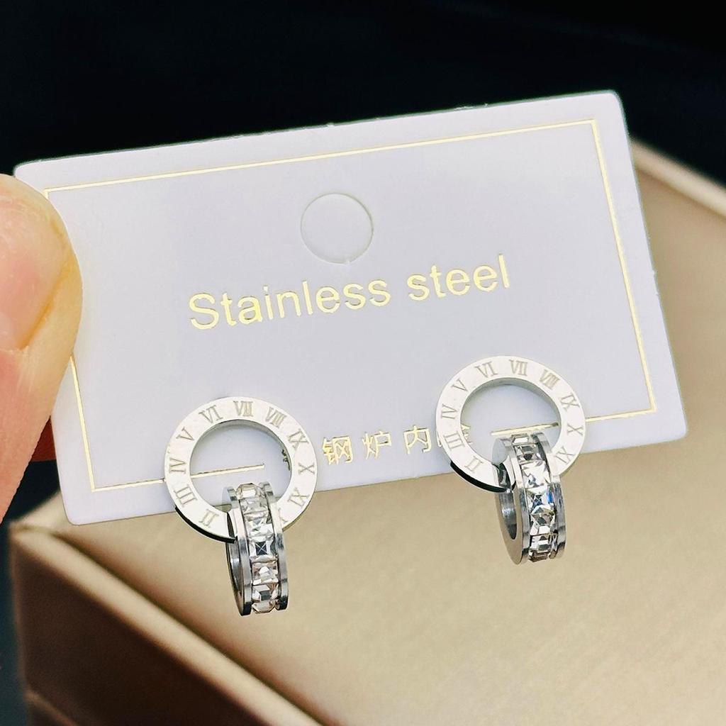 New creative earrings with diamond inlay rose gold titanium steel earrings women's double ring popular earrings accessories