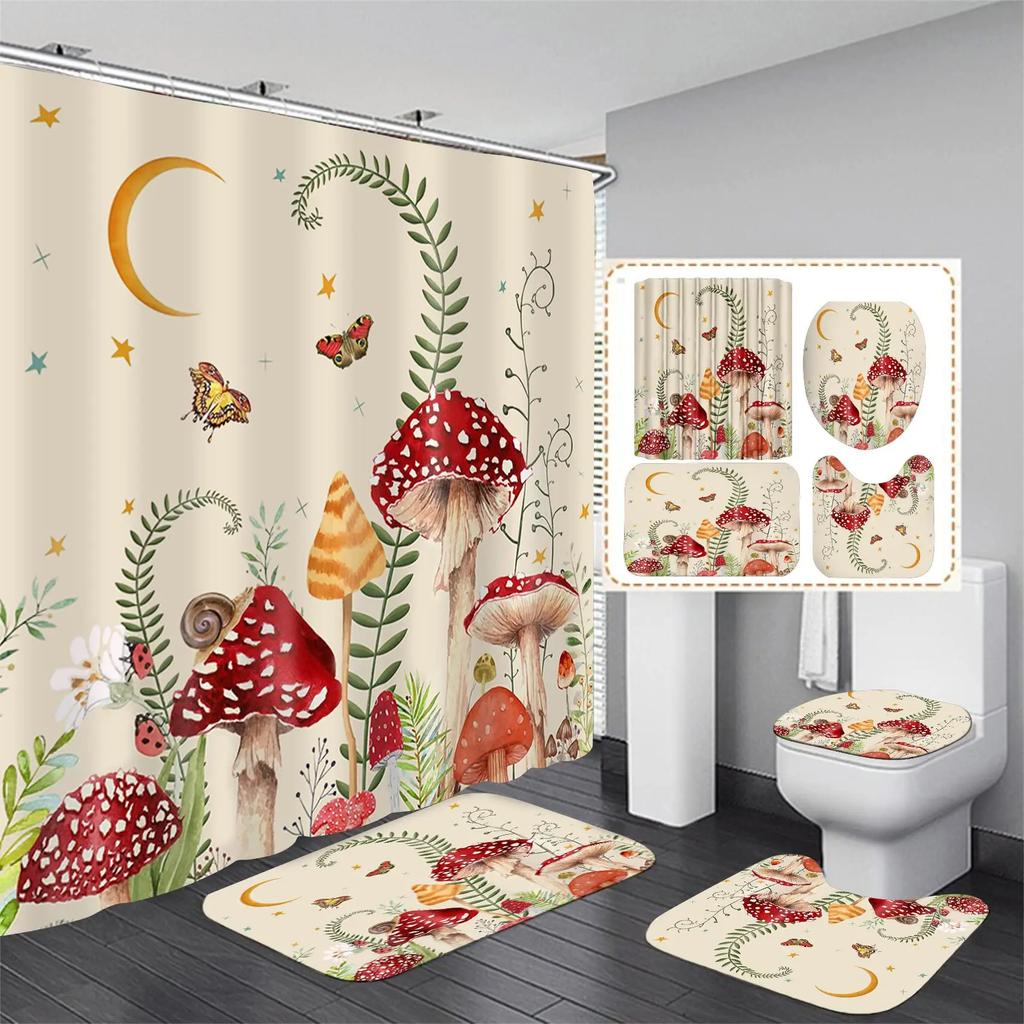 Mushroom Butterfly Flower Shower Curtain Set Non-Slip Rugs Toilet Lid Cover Bath Mat Moon Stars Waterproof Retro Bathroom Set