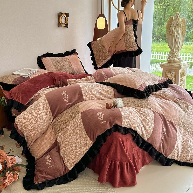 Four-Piece Set Of Thickened Milk Fleece On The Bed, High-Grade Warm Bed Sheet Quilt Cover, Coral Fleece Quilt Cover