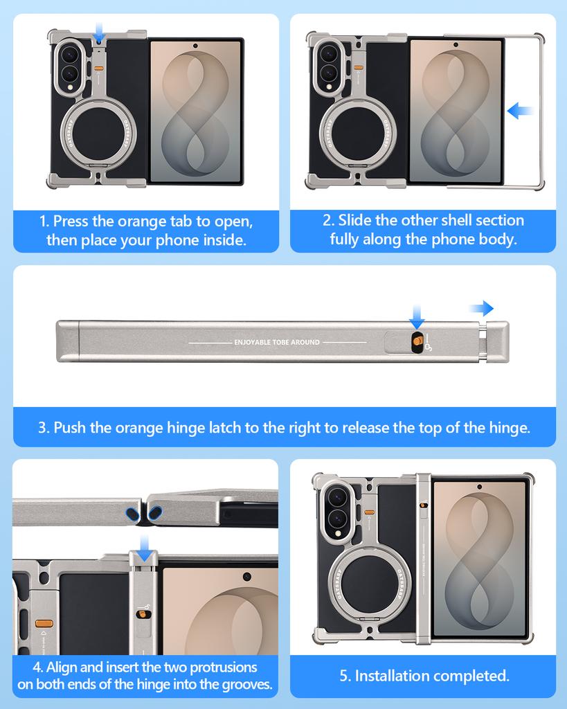 Metal Phone Case for Samsung Galaxy Z Fold 8 Aluminum Frame Bumper with 360° Rotation Magnetic Stand Minimalist Full Cover