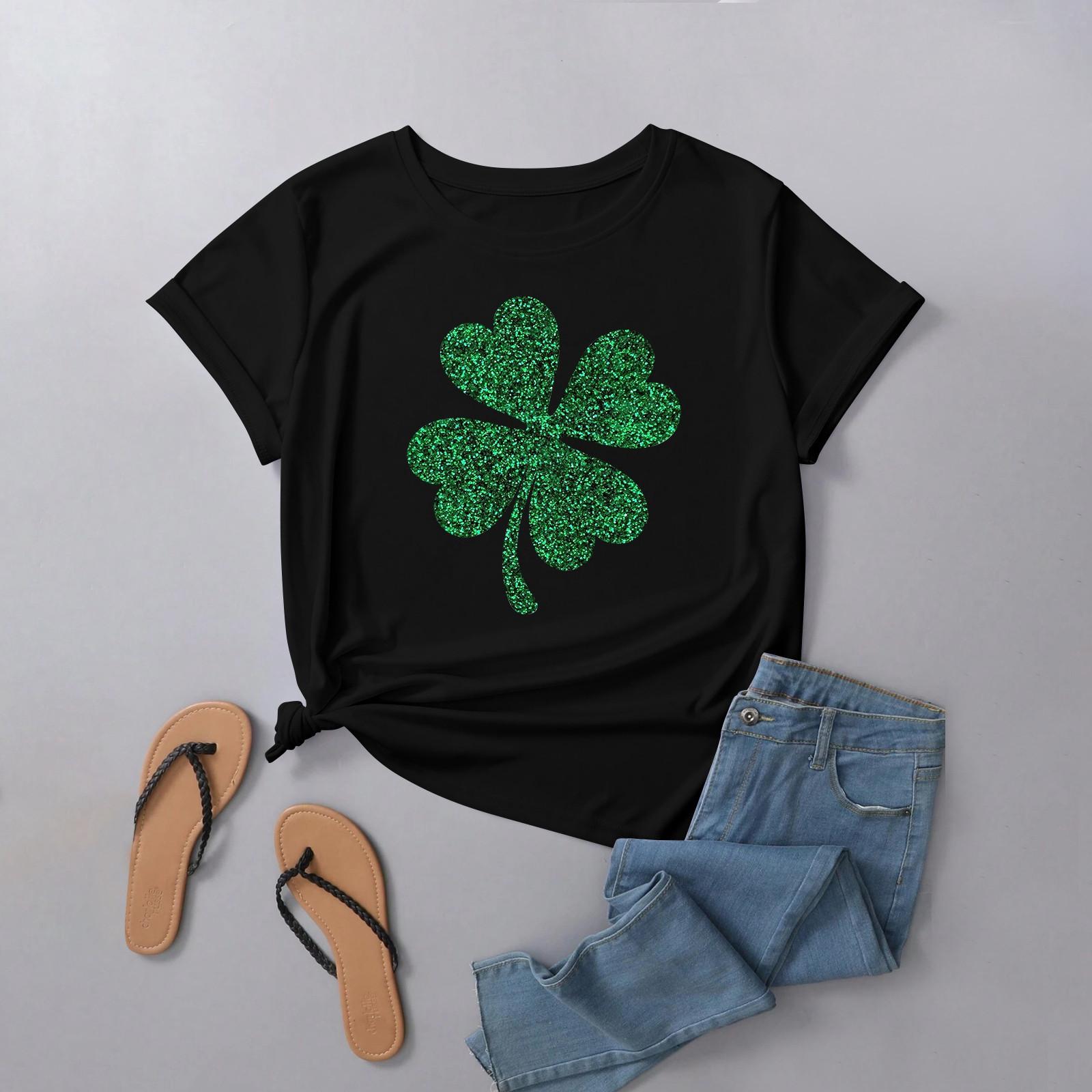 

Женская рубашка с короткими рукавами и круглым вырезом, модная футболка с принтом в виде четырех листьев ко Дню Святого Патрика, повседневный топ, топ с короткими рукавами реглан L чёрный