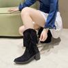 Vintage Short Boots Women 2025 Autumn Winter Pointed Toe Western Cowboy Boots Height Increase Non Slip Chunky Heel Shoes