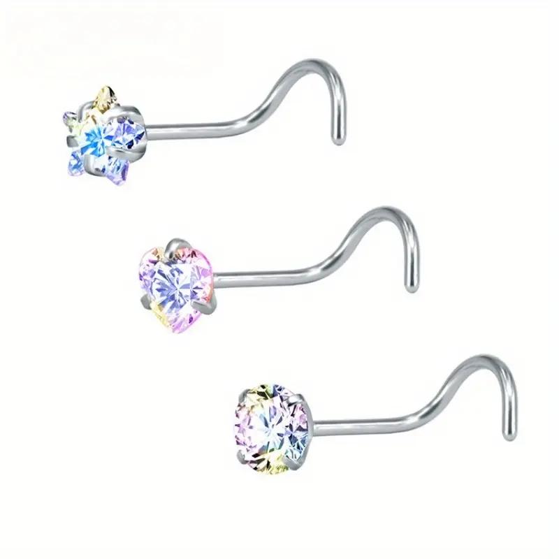 3PCS Shiny Zircon Nose Studs, Stainless Steel Sexy Versatile Nose Rings, Exquisite Piercing Jewelry for Women