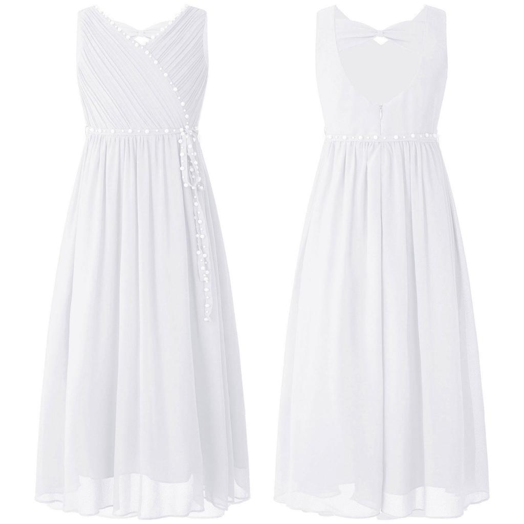 Kids Girls Summer Wedding Birthday Party Dress Sleeveless Ruched Beaded Chiffon Bridesmaid Maxi Dress