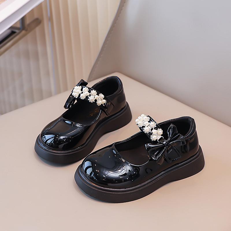 Girls' Leather Shoes, Children's Black Performance Shoes 2025 New Girls' Single Shoes, Medium and Older Children's Foreign Style Pearl Princess Sho