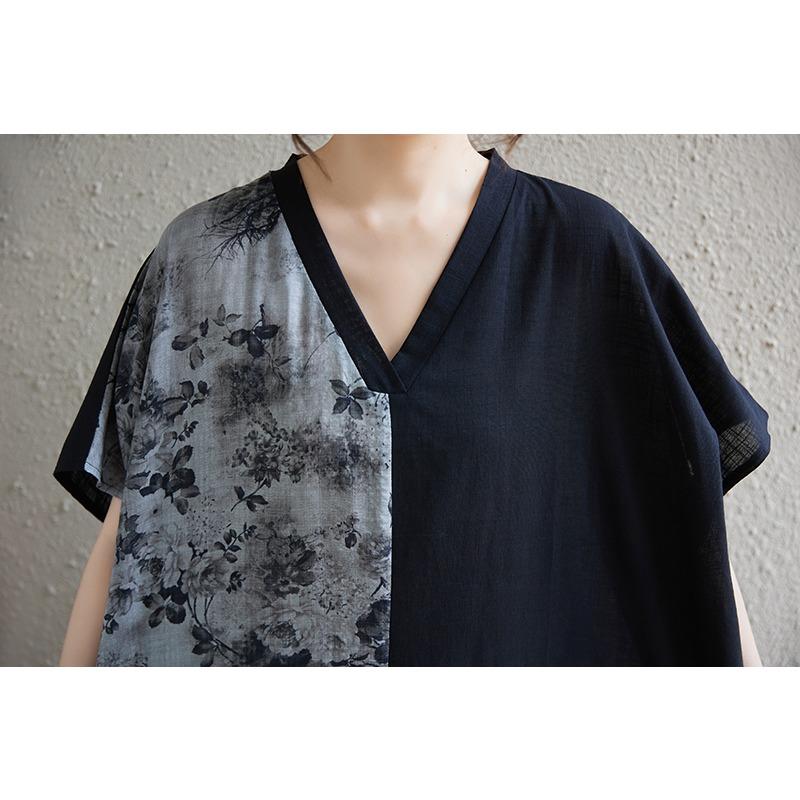 DIMANAF 2025 Women Plus Size V-Neck Summer Dress Printing Casual Basic Short Sleeve Dress Loose Long Dress