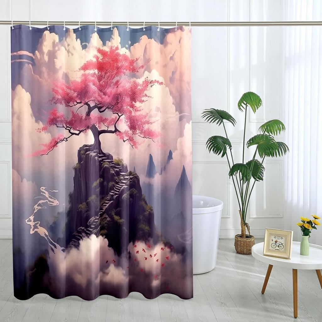 Japanese Cherry Blossom Shower Curtain Set, Asian Anime Shower Curtains for Bathroom Cool Watercolor Abstract Art
