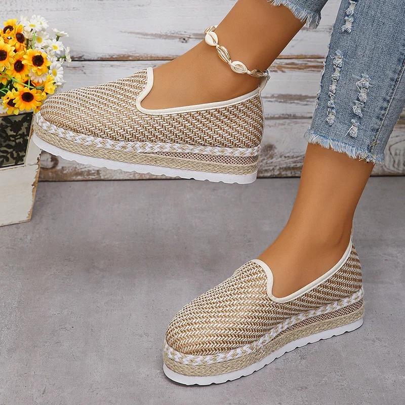 Modische geflochtene Loafer mit dicker Plateausohle für Damen, leichte Slip-On-Espadrilles, Damen-Freizeit-Sneaker mit dicker Sohle zum Gehen