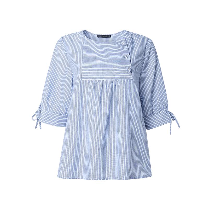 ZANZEA Women Casual Round Neck Loose Half Sleeve Stripe Blouse S синий