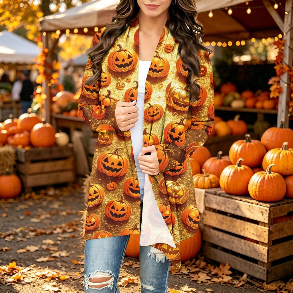 Women's Long Sleeve Cardigan with Halloween Print for Casual Everyday Wear