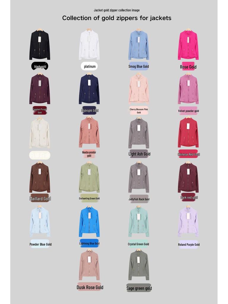 Available: Original Gold Quick-Dry Slimming Fitness Jacket with Stand-Up Collar and Long Sleeves for Running & Yoga.