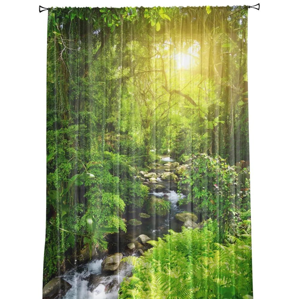 Forest Creek Flowing Water Nature Scenery Tulle Sheer Window Drapes for Living Room Bedroom Sheer Fabric Organza Drapes Drapes