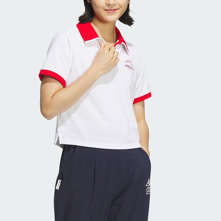 Adidas Verbiage Colorblock Print Cropped Casual Polo Tee Women Tops White JC8685