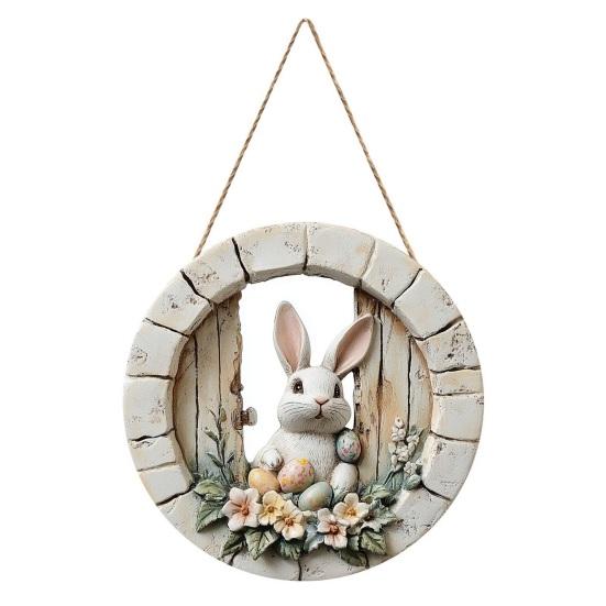 Easter Bunny Sign for Front Door Wooden Farmhouse Indoor Fireplace Window Hanging Wreaths Welcome Banner Decoration for Home Garden Fence