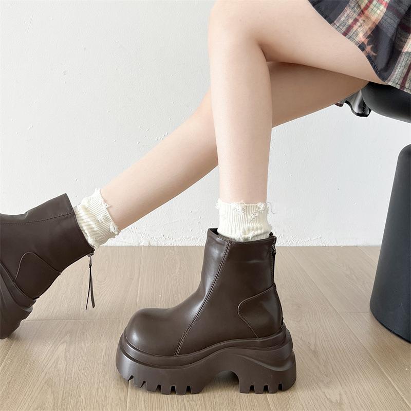 Braune britische vielseitige dicke High Heel Plateau Martin Stiefel Damen Sommer 2025 neue Rock erhöhende kurze Stiefel