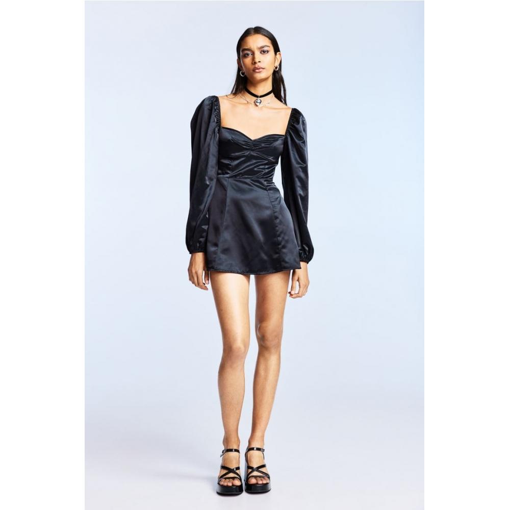 

H M Balloon Sleeve Satin Dress Black
