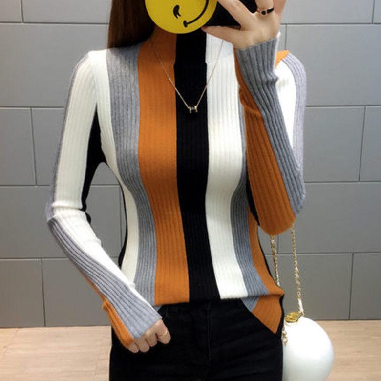 Women's Striped Color Block Slim Fit Knitted Sweater - Half High Neck, Short, New for 2025 Autumn/Winter