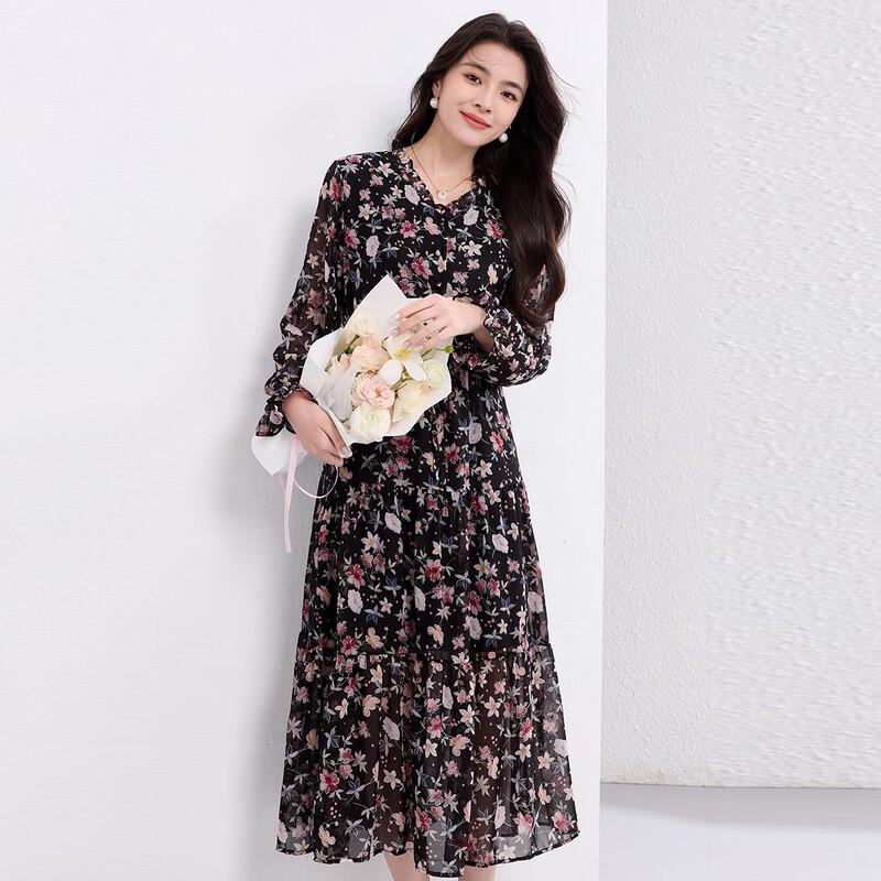 Oudifu Elegant Floral Chiffon Maxi Dress M