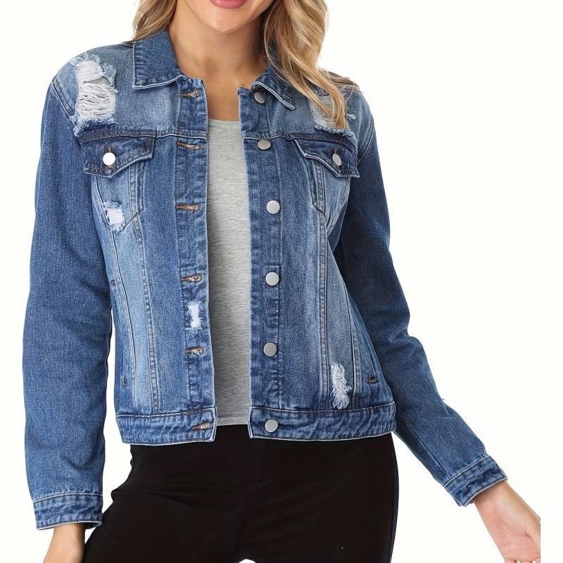 

2025 Women s Embossed Denim Jacket - Casual Long Sleeve Button-Up Double Extra Large
