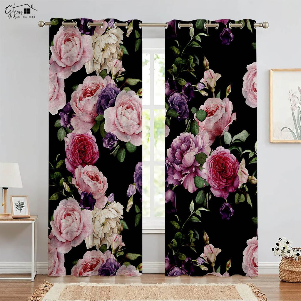 Beautiful Flower 3D Printed Drapes Chinese Style Ink Peony Rose Bed Room Family Room Study Rod Pocket Design Decorative Curtains