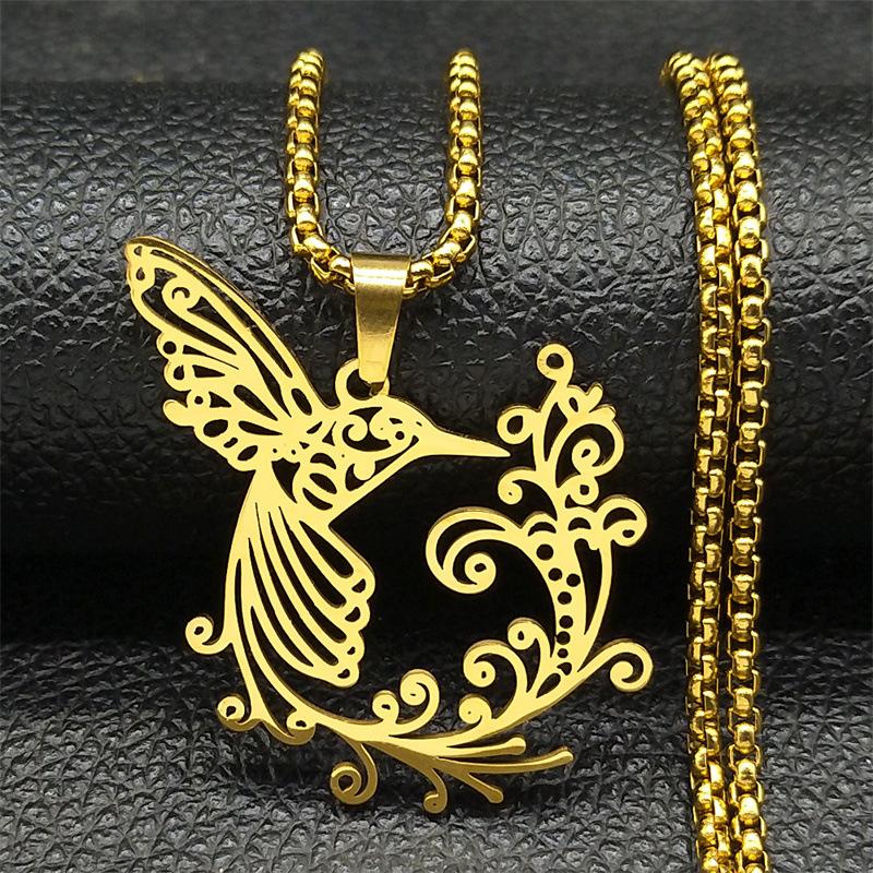 Flower of Life Hummingbird Stainless Steel Pendant Necklace for Women Men Animal Birds Chain Jewelry Accessory