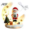 Elk Figurine Ornament Christmas Moon Night Light with Santa Claus, Resin Decoration Warm LED Ornaments Glow, Holiday Tabletop for Home