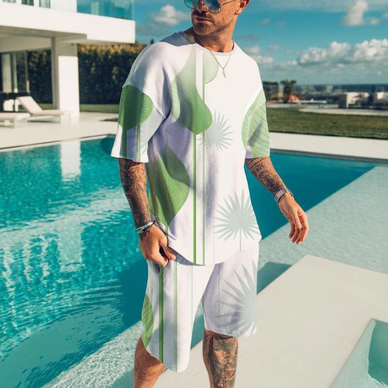 Men's 3D Printed Sports Two-Piece Set O-Neck T-Shirt Plant Pattern Printing Casual Fitness Short Sleeve Tops Shorts