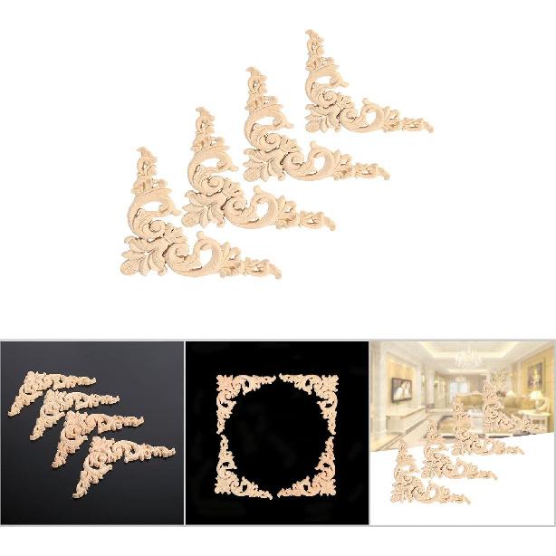 4pcs Wooden Onlay Applique for Furniture, Carved Wood Corner Decals for Mirror Bed Door Cabinet, Flower Shape Unpainted Wood Decor(12x12cm/4.7x4.7in)