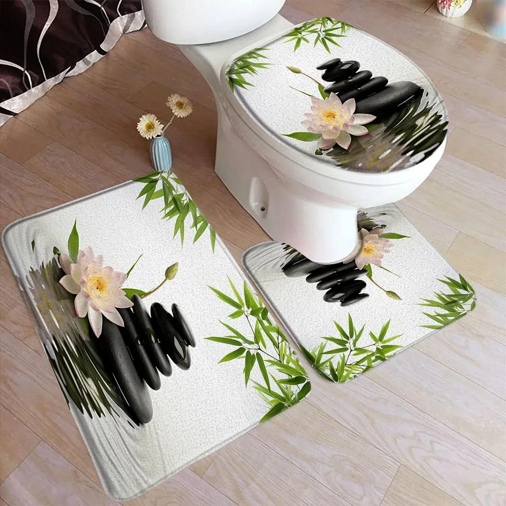 Zen Green Bamboo Bath Mat Set Natural Orchid Flower Black Stone Plant Home Carpet Bathroom Decorative Floor Rug Toilet Lid Cover