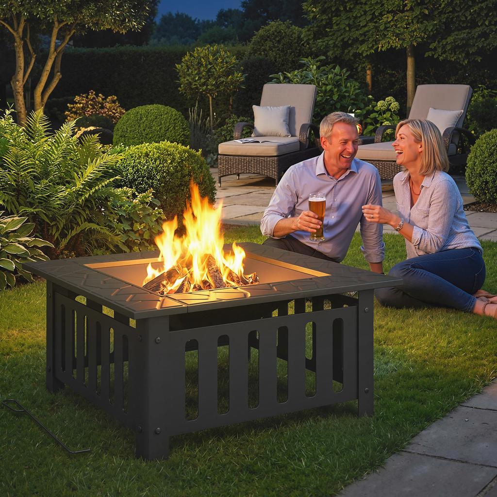 Fire Bowl made of Steel Fire Pit with Spark Guard Poker for Outdoor BBQ Camping 67x67x47cm Black