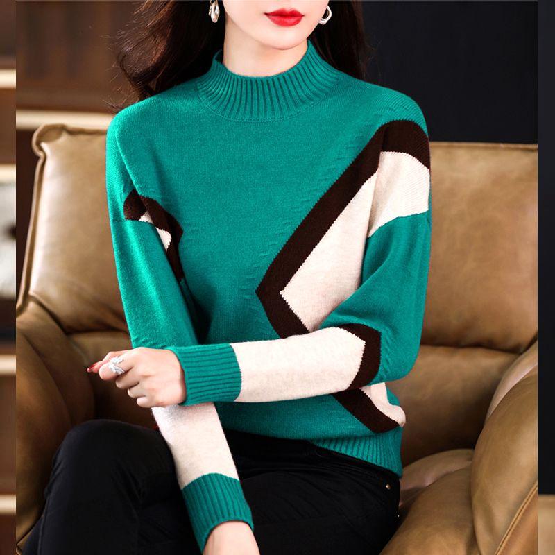 Women Knitted Sweater Pullover Autumn Winter New Korean Long Sleeve Loose Casual Color Block Sweater Fashion Female Tops