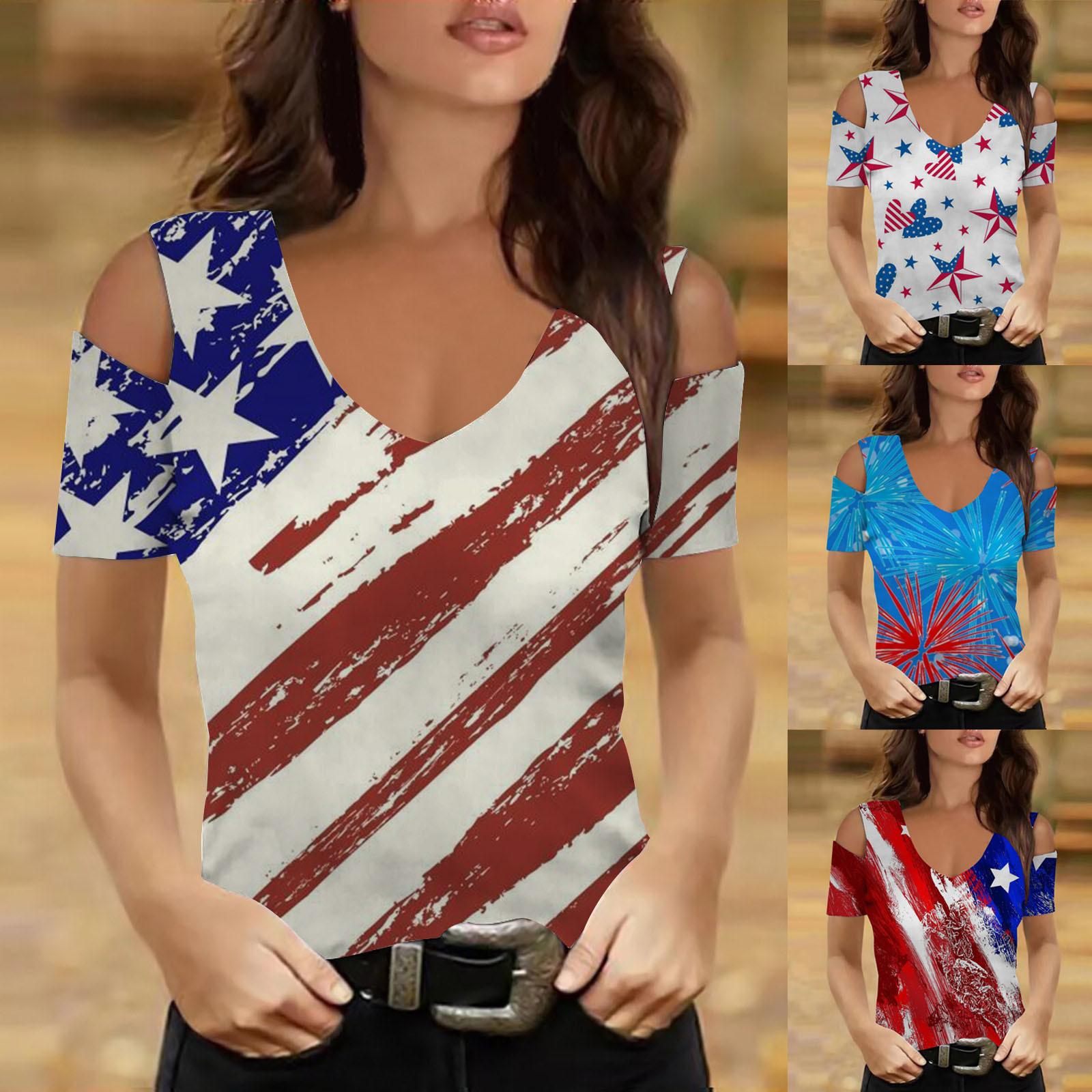 

Модна жіноча літня повсякденна блуза з принтом з коротким рукавом і V-подібним вирізом без бретелей L синій