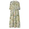 Johnature Women Vintage Bandage Dress Turn-down Collar Half Sleeve Print Floral Summer Button A-Line Dress