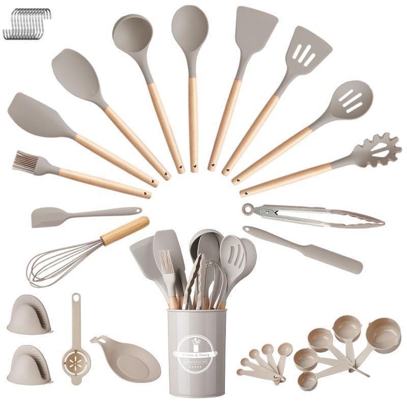 

Набор из 29 предметов антипригарной силиконовой кухонной утвари для приготовления пищи, набор лопаток с подставкой, деревянная ручка, термостойкий силиконовый набор кухонных гаджетов 29pcs/set хаки