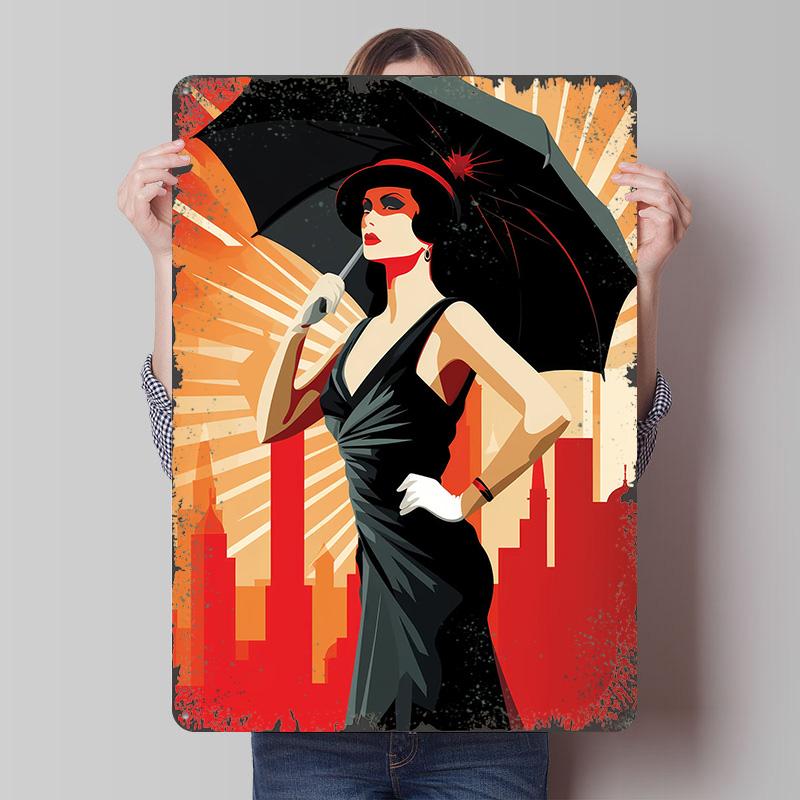 

Retro Woman in Cityscape Tin Plaque Poster Customized Wall Art Retro Vintage Metal Signs for Man Cave Office Decor Wand Deko 7.9x11.8In(20x30cm)