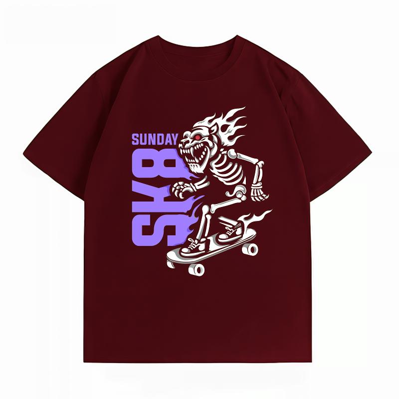 Unisexs 100 Cotton Summer New TShirt Skeleton Skateboard SUNDAY SK8 Print Streetwear Skate Casual Short Sleeve Tops