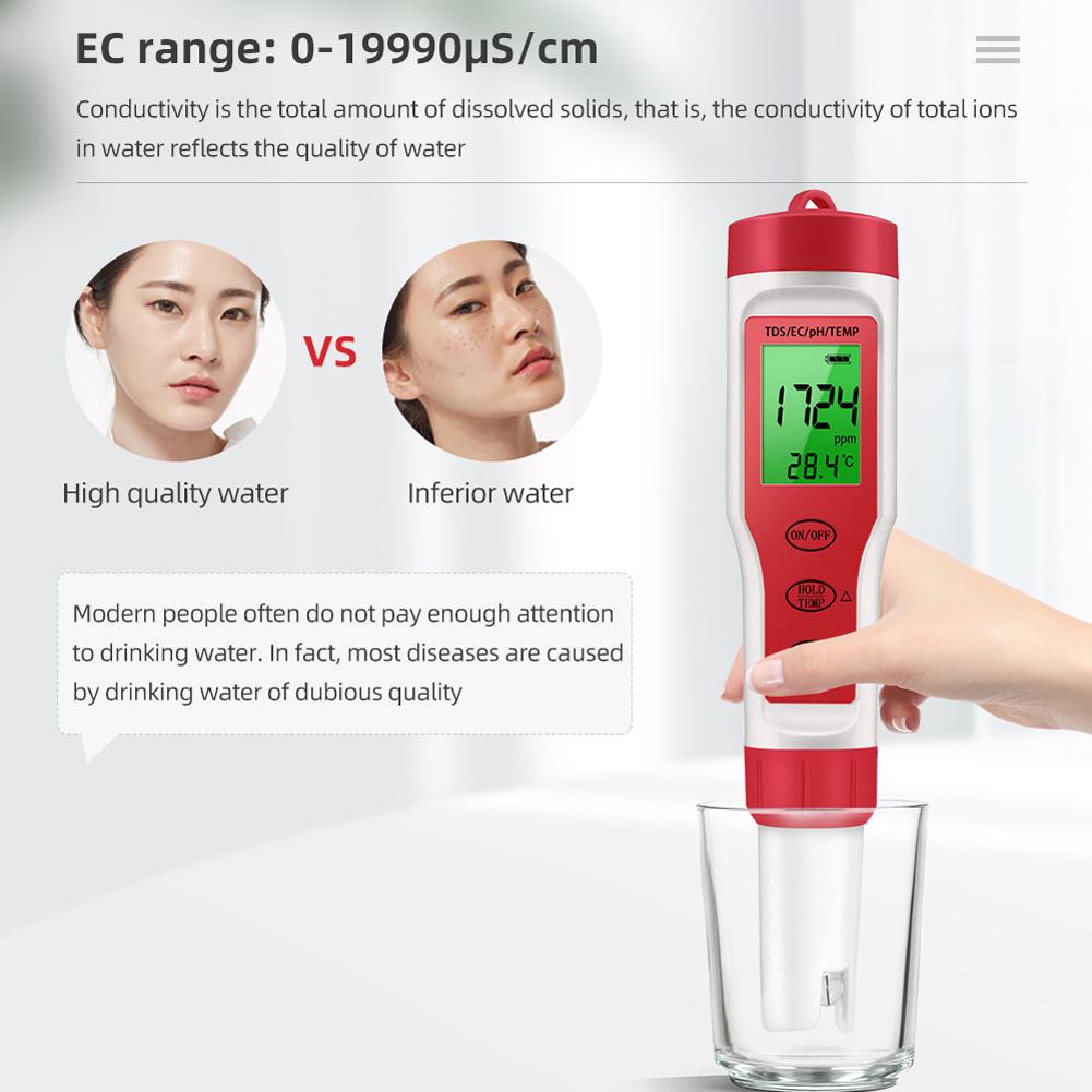 PEZ9908 Tester portabil pentru calitatea apei 4 în 1 PH Temperatura totală a solidelor dizolvate EC