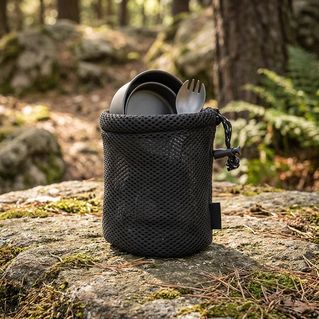 Nylon Mesh Drawstring Bag For Cups And Utensils Storage Holder Multi Purpose Travel Camping Outdoor Tools Organizer Bag