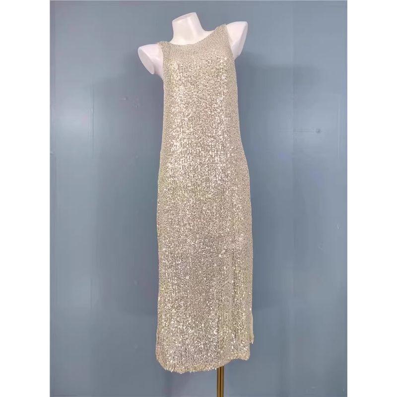 Foreign Trade Order Summer Ins Sleeveless New Sequins Slimming A Word Versatile Banquet Party Stage Style Fashion Dress