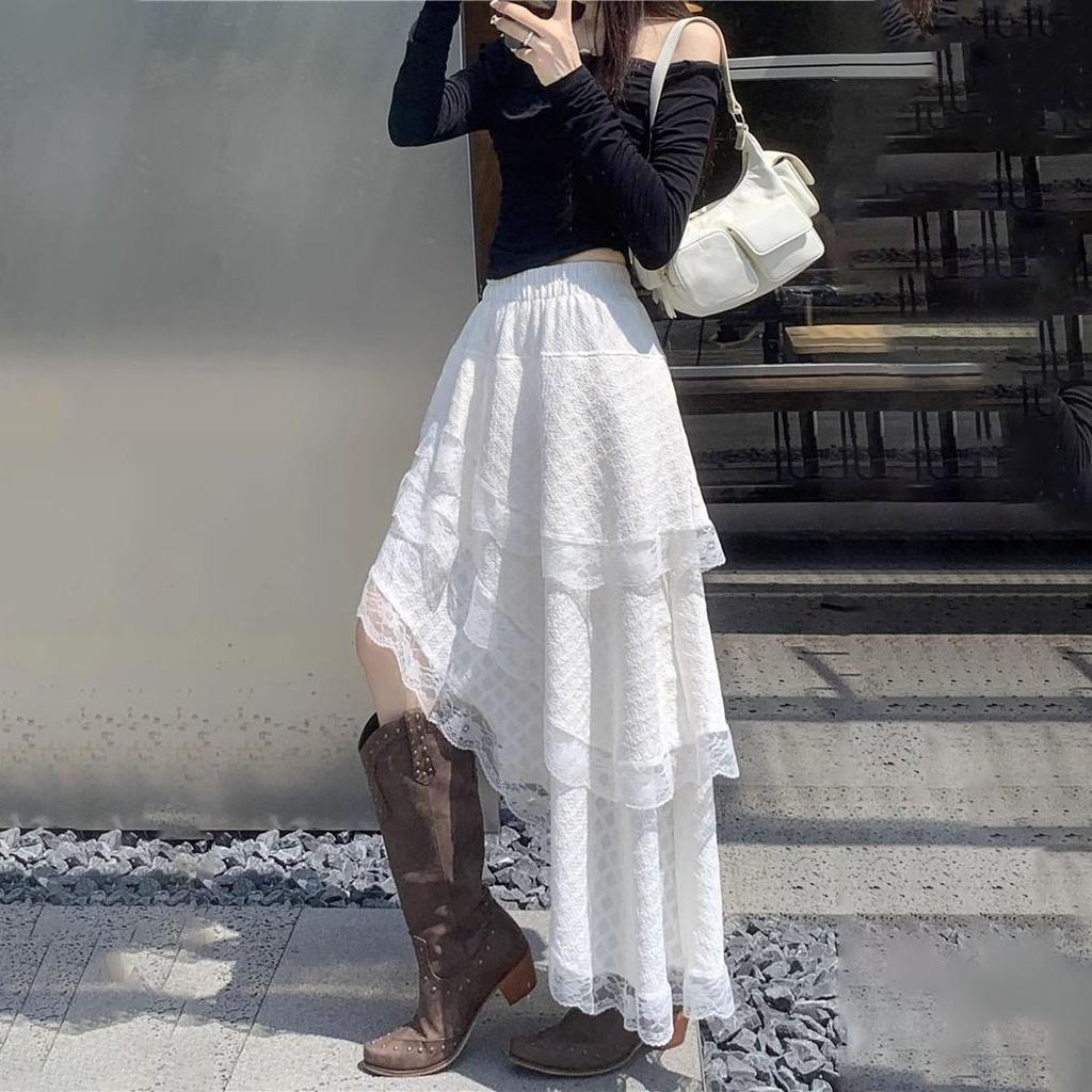 Jupe Maxi Asymétrique à Volants et Bordure en Dentelle Blanche pour Femme - Taille Élastique Taille Haute Robe d'Automne avec Détails Volantés