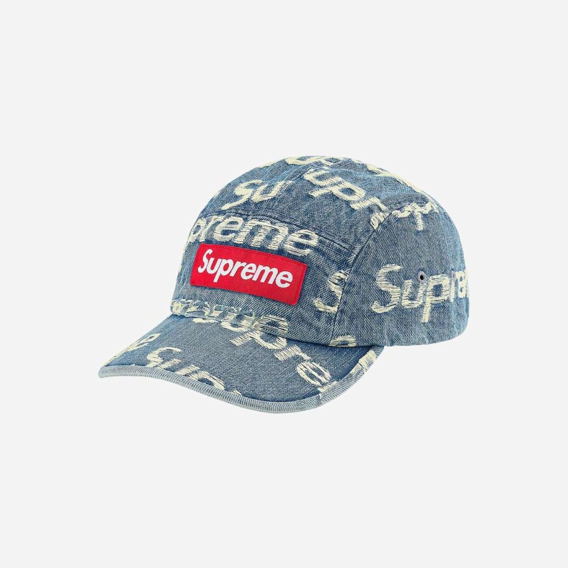 

Джинсовая кепка Supreme с потертыми логотипами Синяя 21SS -