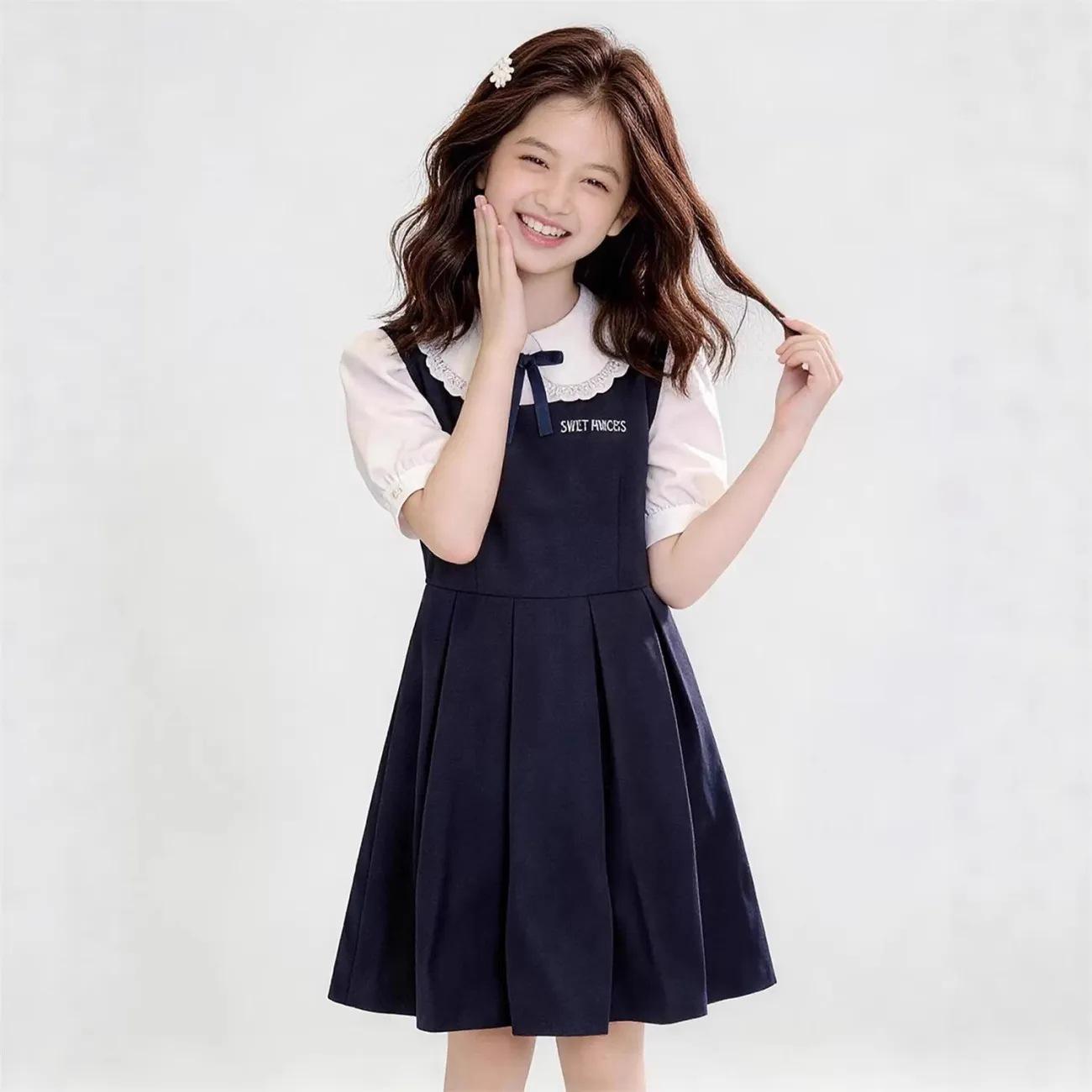 Girls Summer Patchwork Princess Dress - Stylish Two-Piece Look 140 cm тёмно-синий