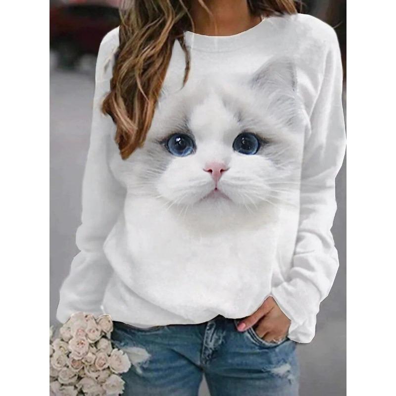 Modne damskie T-shirty z okrągłym dekoltem, z nadrukiem 3D uroczego kota, z długim rękawem, casualowe
